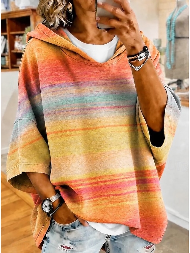 Women's Pullover Sweatshirt Patchwork Graphic Geometric Abstract Fashion Casual Print 3/4 Length Sleeve Hooded Regular Tops Casual Street Orange Brown Green Spring Fall Winter - Orange