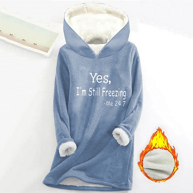 Women's Hoodie Sweatshirt Pullover Sherpa Letter Casual Sports Print Warm Fuzzy Comfort Hoodie Long Sleeve Top Micro-elastic Fall & Winter Comfort Breathable Soft Fabric - Blue