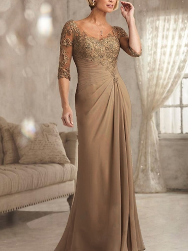 Sheath Column Floor Length Wedding Guest Dress Formal Dresses Evening Gown Mother of the Bride Dress Half Sleeve V Neck Plus Size Sexy See Through Wedding Guest Chiffon Lace with Lace - Khaki