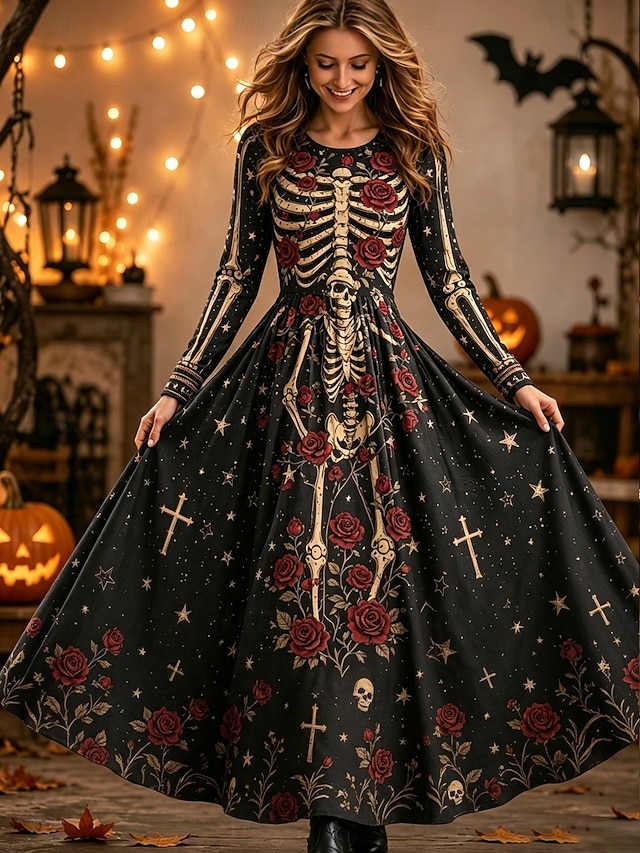Halloween Women's Maxi Dress A Line Dress Vintage Boho Party Regular Graphic Skull Long Sleeve V Neck Black Yellow Red Orange Fall Winter - Red