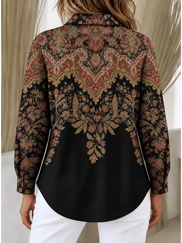 Women's Shirt Buttons Print Graphic Paisley Vintage Stylish Modern Long Sleeve Shirt Collar Regular Tops Casual Daily Blue Black Spring Fall Winter - Black