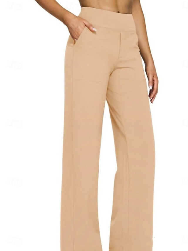 Women's Trousers Casual Pants Straight Fashion Streetwear Basic Full Length High Waist Plain Pocket Elastic Waist Comfort Micro-elastic Daily Vacation Street Blue Black White Almond Spring Fall Loose - Khaki