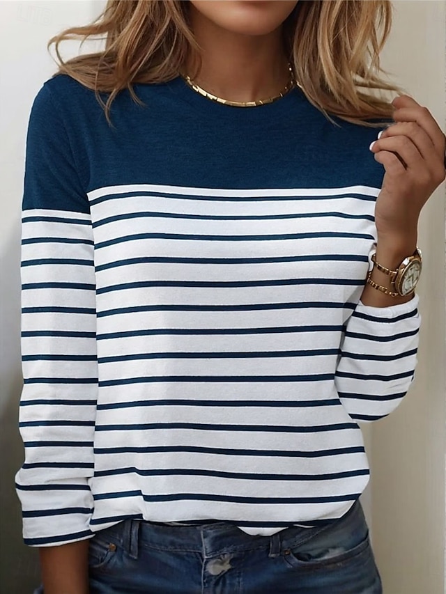 Women's T shirt Long Sleeve Crew Neck Long Sleeve Tunic Striped Basic Round Neck Regular Tops Daily Weekend Print Black White Red Blue Gray Fall & Winter Prefall - Blue