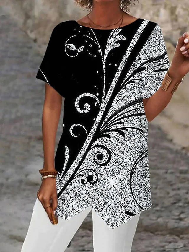 Women's Blouse Asymmetrical Hem Basic Abstract Print Short Sleeve Long Tops Round Neck Casual Silver Black White Blue Khaki - Black