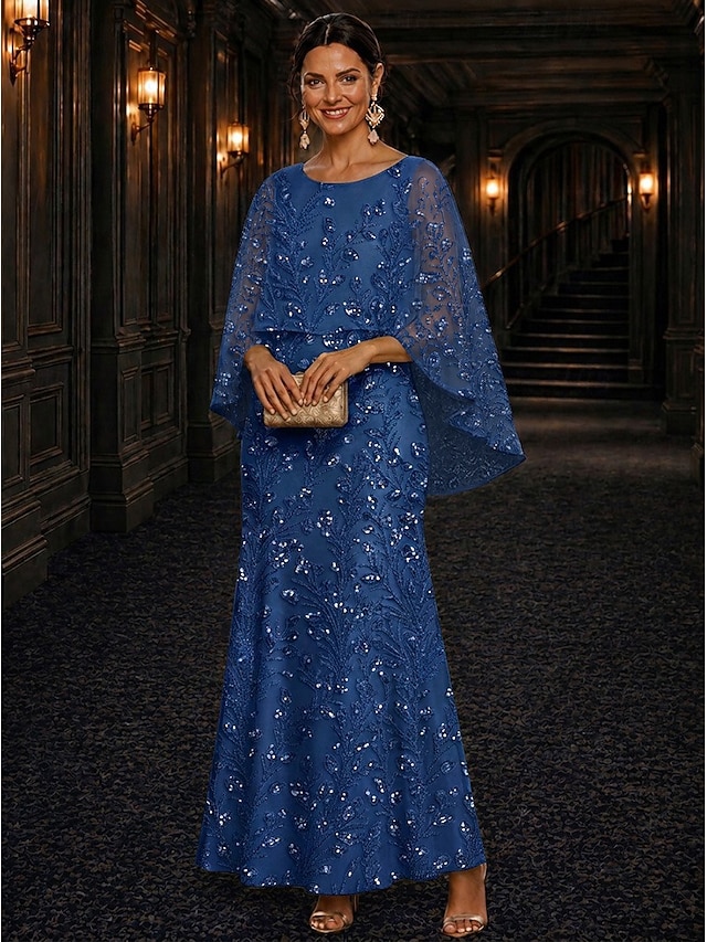 A-Line Dress Floor Length Ankle Length Cocktail Dress Mother of the Bride Dress Long Sleeve Scoop Neck Elegant Luxurious Sparkle & Shine Formal Wedding Guest Semi Formal Lace with Beading Sequin - Royal Blue