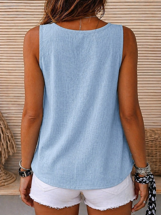 Women's Vintage Cozy 100%Cotton Washed Round Neck Sleeveless Tank Top Casual Black White Sky Blue Orange Violet Summer Spring - Sky Blue