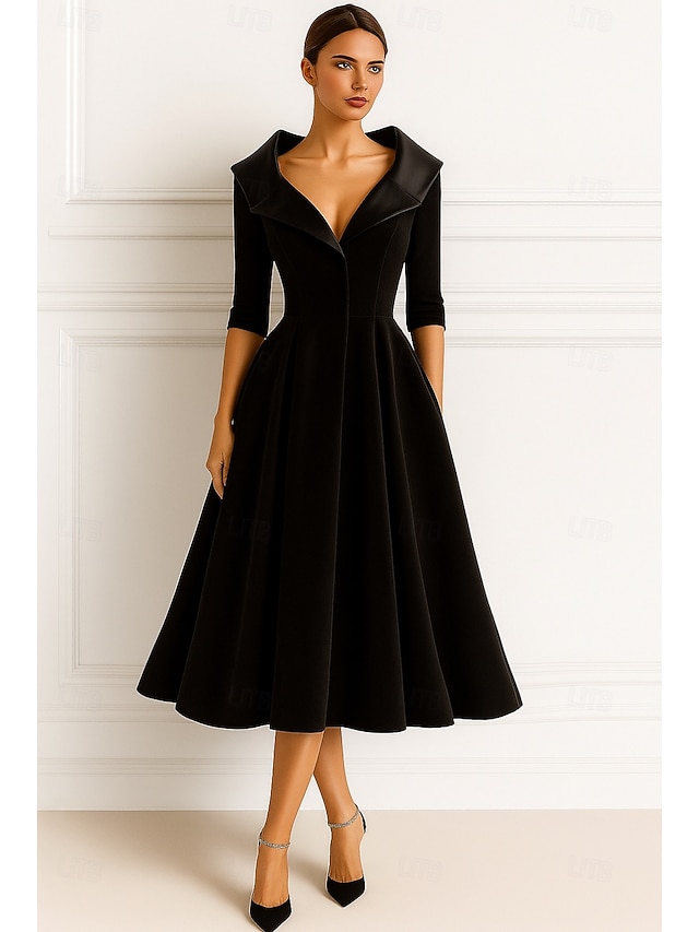 A-Line Tea Length Party Dress Cocktail Dress Wedding Guest Dress Mother of the Bride Dress Long Sleeve Shirt Collar Elegant Vintage Formal Velvet with Ruching Solid Color - Black