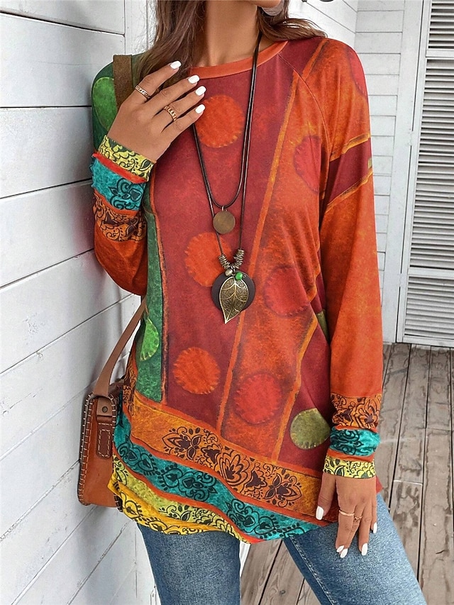 Women's T shirt Long Sleeve Vintage Ethnic Casual Print Long Sleeve Long Tops Crew Neck Daily Red Purple Green Fall Winter Prefall - Red