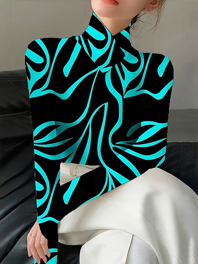 Women's T Shirt Graphic Geometry Elegant Vintage Stylish Long Sleeve Turtleneck High Neck Regular Tops Going out Blue White Yellow Red Fall Winter - Blue