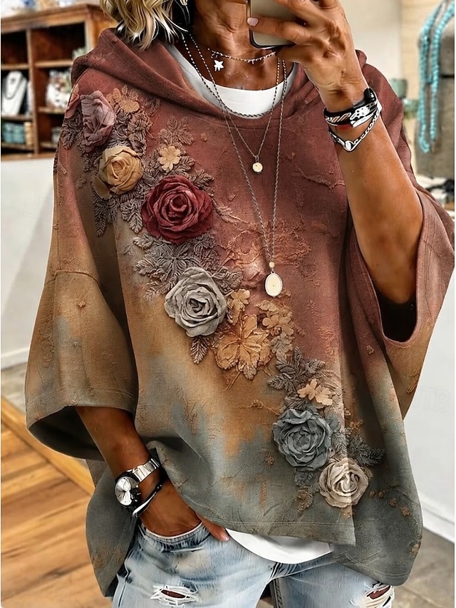 Women's Pullover Sweatshirt Patchwork Graphic Geometric Abstract Fashion Casual Print 3/4 Length Sleeve Hooded Regular Tops Casual Street Orange Brown Green Spring Fall Winter - Brown
