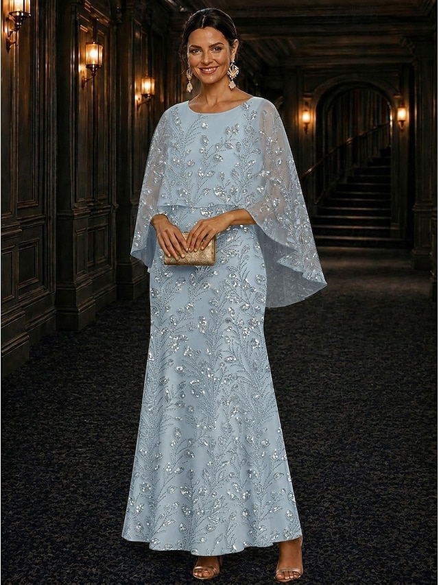 A-Line Dress Floor Length Ankle Length Cocktail Dress Mother of the Bride Dress Long Sleeve Scoop Neck Elegant Luxurious Sparkle & Shine Formal Wedding Guest Semi Formal Lace with Beading Sequin - Sky Blue