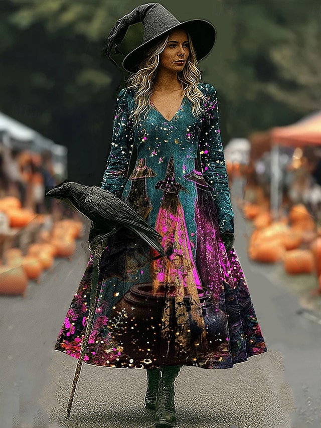 Halloween Women's Witch Hat Magic Fire Print Maxi Dress Hocus Pocus Graphic A Line V Neck Long Sleeve Gothic Costume Party Dress Orange Purple - Dark Green