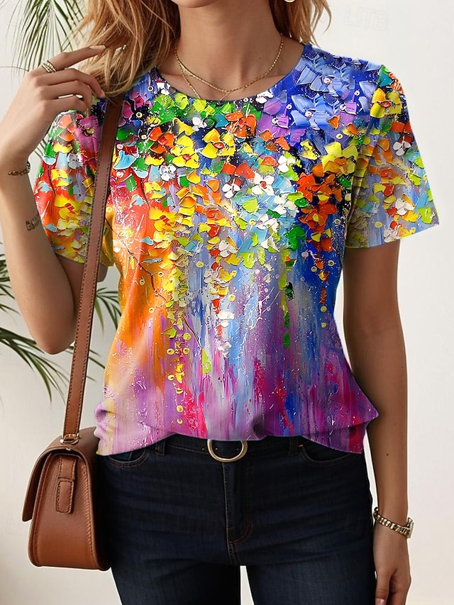 Women's T Shirt Print Floral Casual Short Sleeve Round Neck Regular Tops Daily Blue Black White Light Green Purple Summer - Purple