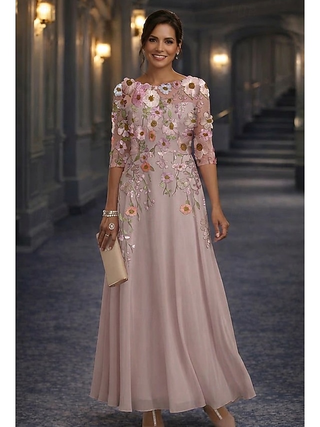 A-Line Floor Length Lace Dress Mother of the Bride Dress Long Sleeve Crew Neck Illusion Neck Elegant Vintage Formal Wedding Guest Wedding Party Chiffon Lace with Floral Print 3D Flowers Embroidery - Dusty Rose