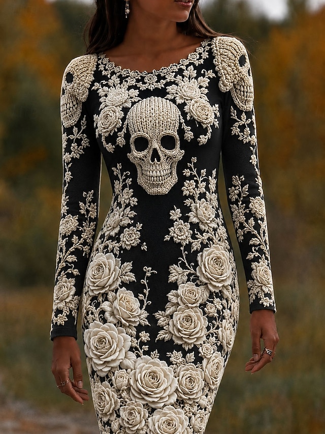 Halloween Women's Mini Dress T Shirt Dress Tee Dress Bodycon Dress Vacation Casual Party Slim Long Sleeve Crew Neck Round Neck White Black Wine Red Spring Fall Winter - Black