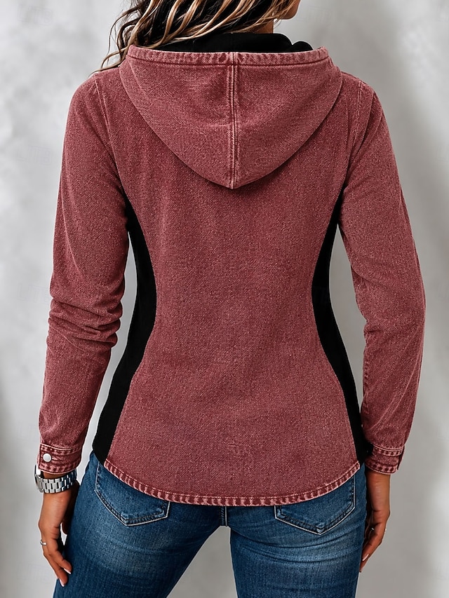 Women's Denim Shirt Henley Shirt Blouse Patchwork Plain Vintage Fashion Stylish Long Sleeve Lapel Regular Tops Casual Beach Blue Red Green Spring Fall Winter - Red