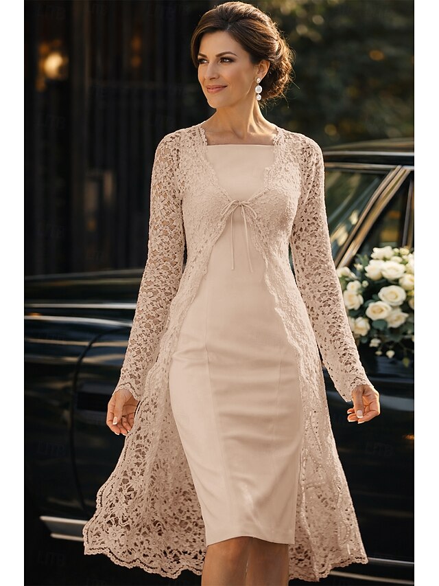 Two Piece Sheath Column Tea Length Wedding Guest Dress Mother of the Bride Dress Sleeveless Square Neck Elegant Wedding Guest Wedding Party Church Chiffon Lace Jacket Dresses with Lace Solid Color - Champagne
