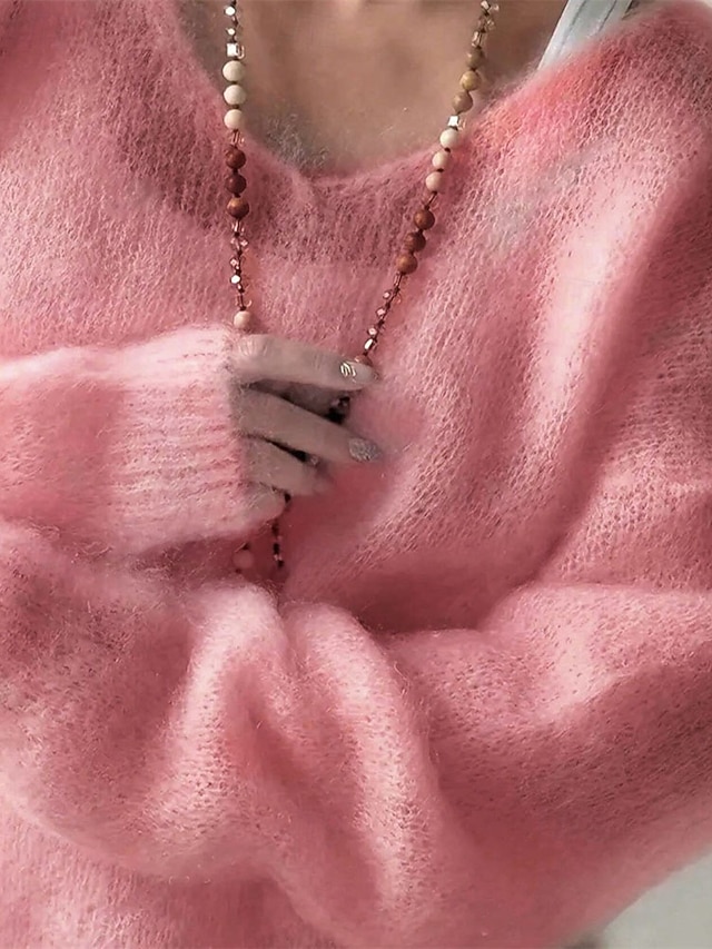Women's Sweater Pullover Elegant Fashion Cute Solid Color V Neck Knitted Long Sleeve Regular Tops Knit Daily Home Outdoor Blue Pink Fall Winter - Pink
