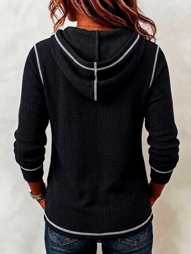Women's Waffle Polo Shirts Hoodies Patchwork Active Vacation Vintage Long Sleeve Hooded Regular Tops Casual Daily Holiday Blue Black Spring Fall Winter - Black