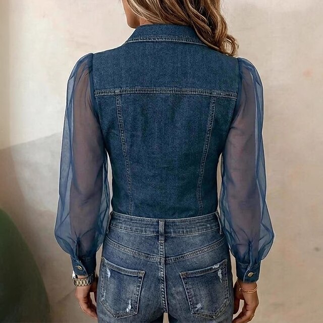 Women's Denim Blouse Denim Shirt Button Down Shirt Patchwork Mesh Buttons Elegant Lantern Sleeve Shirt Collar Casual Black Dark Blue Light Blue Summer Spring Fall - Dark Blue