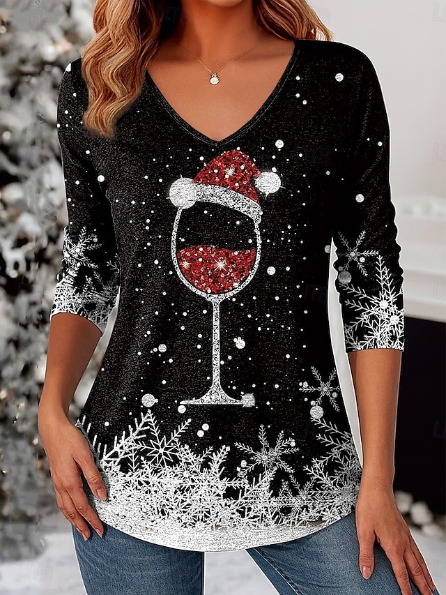 Christmas Women's T Shirt Graphic Vintage Stylish Classic Long Sleeve V Neck Regular Tops Daily Print White / Black Black+White+Red Black Wine Red Spring Fall Winter - Black and White