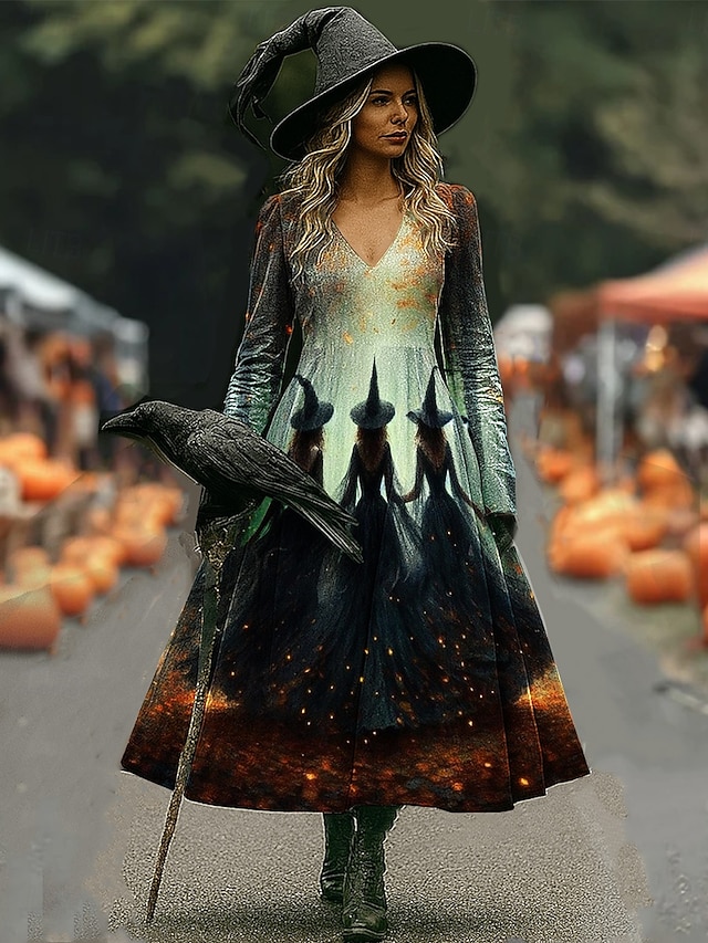 Halloween Women's Witch Hat Magic Fire Print Maxi Dress Hocus Pocus Graphic A Line V Neck Long Sleeve Gothic Costume Party Dress Orange Purple - Dark Grey