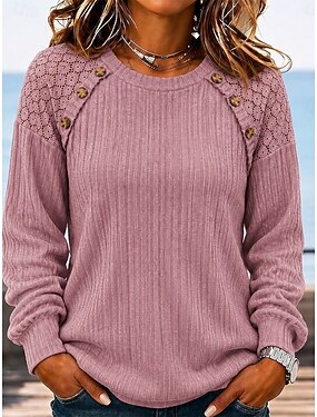 Women's T Shirt Texture Lace Patchwork Plain Stylish Casual Long Sleeve V Neck Regular Tops Casual Daily Blue White Black Pink Green Summer Spring Fall - Pink