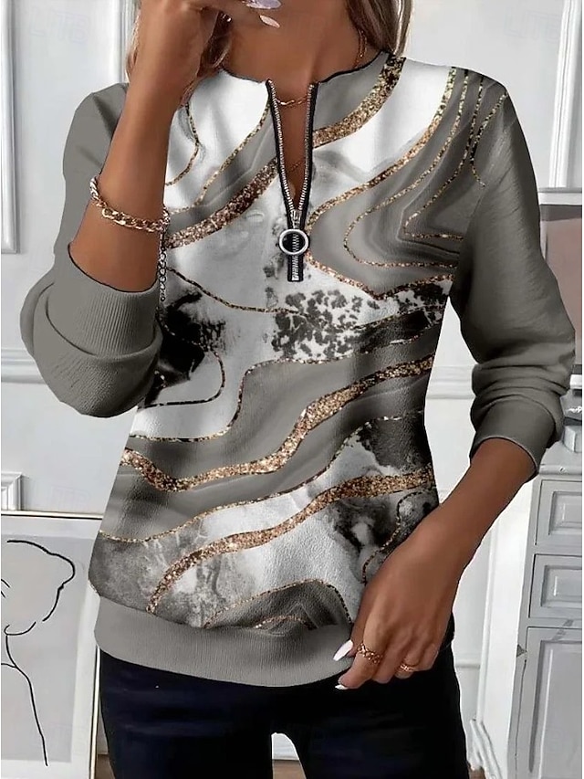 Women's Pullover Sweatshirt Zip Up Sweatshirts Patchwork Zipper Print Graphic Geometric Abstract Fashion Casual Long Sleeve Crew Neck Regular Tops Street Dailywear Blue Red Purple Orange Dark Gray - Dark Gray