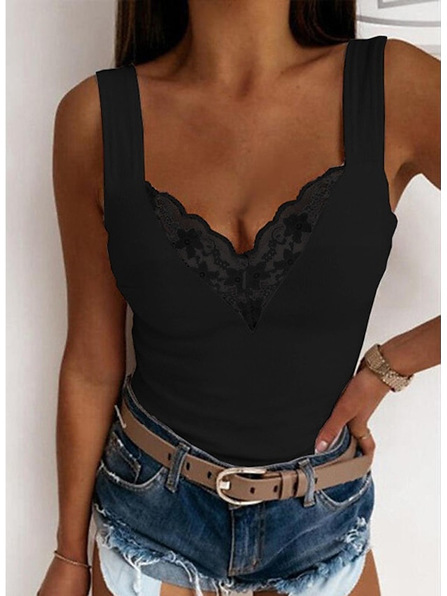 Women's Camisole Tank Top Going Out Tops Camis Concert Tops Black White Blue Plain Patchwork Lace Trims Sleeveless Party Daily Basic Sexy Sweetheart Regular S - Black