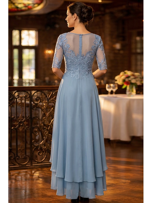 A-Line Asymmetrical Party Dress Cocktail Dress Wedding Guest Dress Mother of the Bride Dress Half Sleeve Crew Neck Elegant Simple Formal Wedding Guest Formal Evening with Lace Solid Color - Dusty Blue