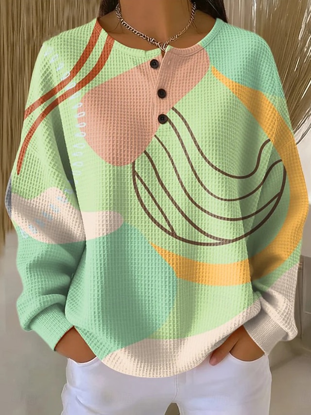 Women's Pullover Sweatshirt Geometric Abstract Casual Long Sleeve Round Neck Regular Tops Blue Black White Yellow Pink Spring Fall - Green