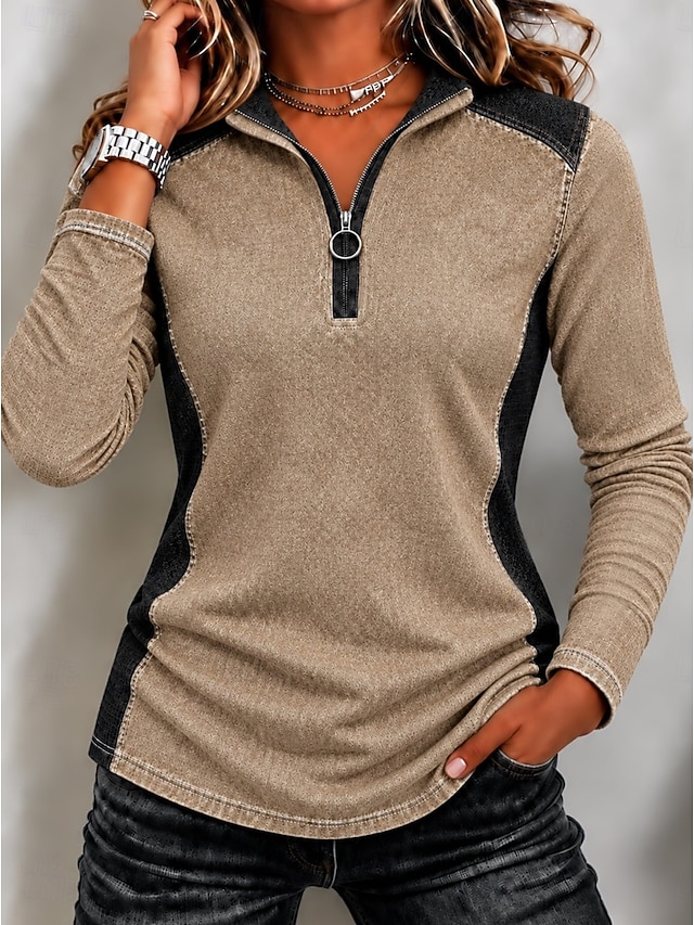Women's Denim Shirt Hoodies Patchwork Zipper Color Block Plain Vintage Stylish Casual Long Sleeve Long Tops Casual Work Holiday Blue Khaki Green Summer Fall Winter - Khaki