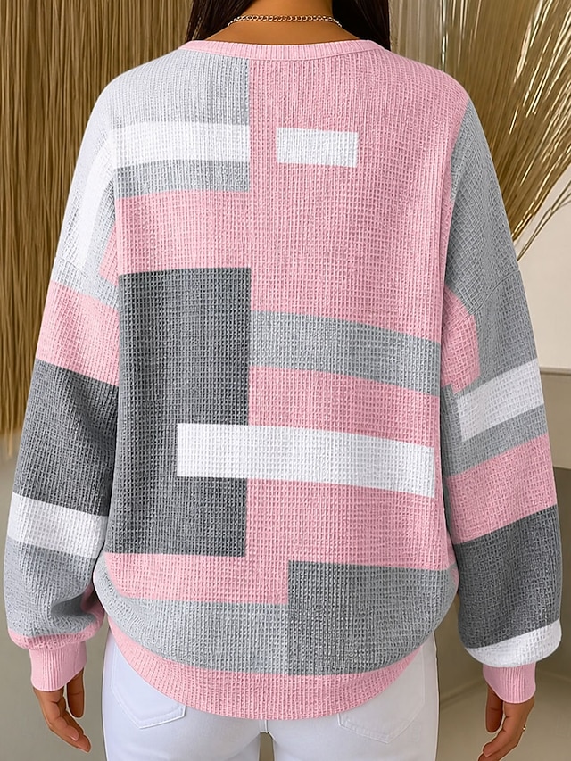 Women's Textured Pullover Sweatshirt Buttons Graphic Geometric Color Block Fashion Casual Print Long Sleeve Crew Neck Regular Tops Casual Street Blue Yellow Pink Spring Fall - Yellow