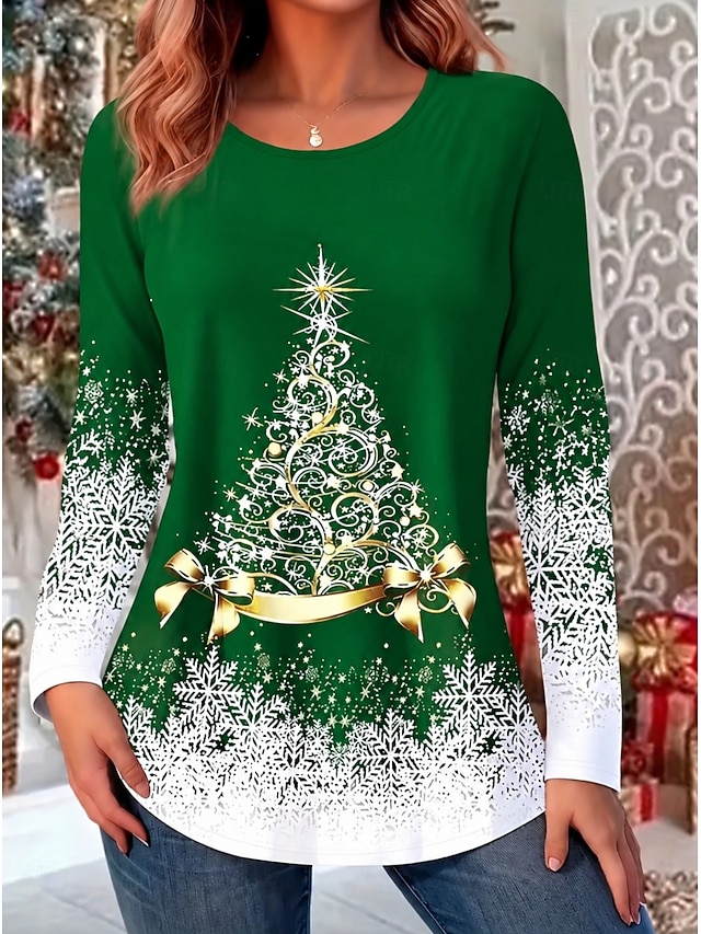 Christmas Women's T Shirt Print Graphic Santa Claus Vintage Fashion Stylish Long Sleeve Crew Neck Long Tops Casual Daily Weekend Black Pink Red Green Spring Fall Winter - Green