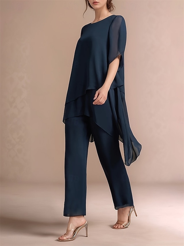 Pantsuit Asymmetrical Mother of the Bride Dress Short Sleeve Shirt Collar Elegant Formal Wedding Guest Formal Evening Chiffon with Solid Color - Navy Blue