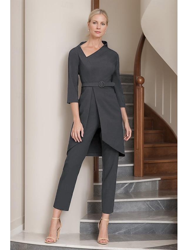 Two Piece Ankle Length Mother of the Bride Dress 3/4 Length Sleeve V Neck Simple Minimalist Casual Formal Wedding Guest Crepe with Sash / Ribbon - Charcoal Grey