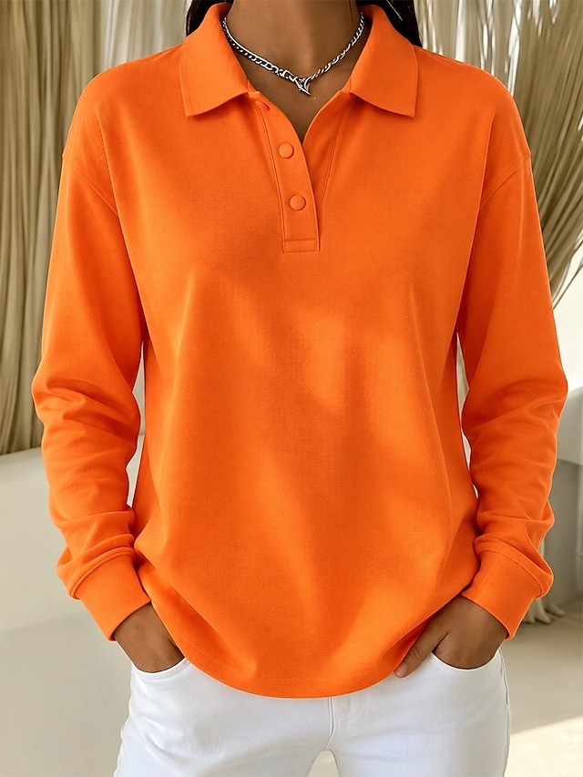 Women's 100% Cotton T Shirt Chest Buttons Plain Vintage Stylish Classic Long Sleeve Shirt Collar Polo Collar Long Tops Casual Daily Blue White Black Pink Red Spring Fall Winter - Black