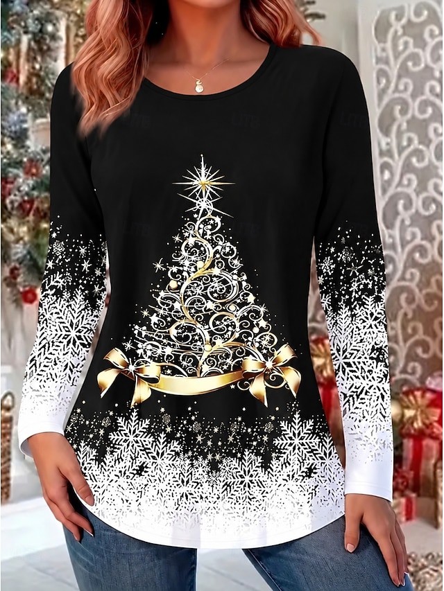 Christmas Women's T Shirt Print Graphic Santa Claus Vintage Fashion Stylish Long Sleeve Crew Neck Long Tops Casual Daily Weekend Black Pink Red Green Spring Fall Winter - Black