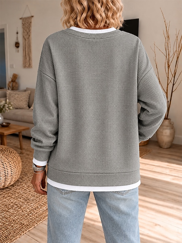 Women's Waffle Hoodies Textured Pullover Sweatshirt Pullover Patchwork Casual Long Sleeve Crew Neck Round Neck Long Tops Casual Black Khaki Grey Summer Spring Fall - Grey