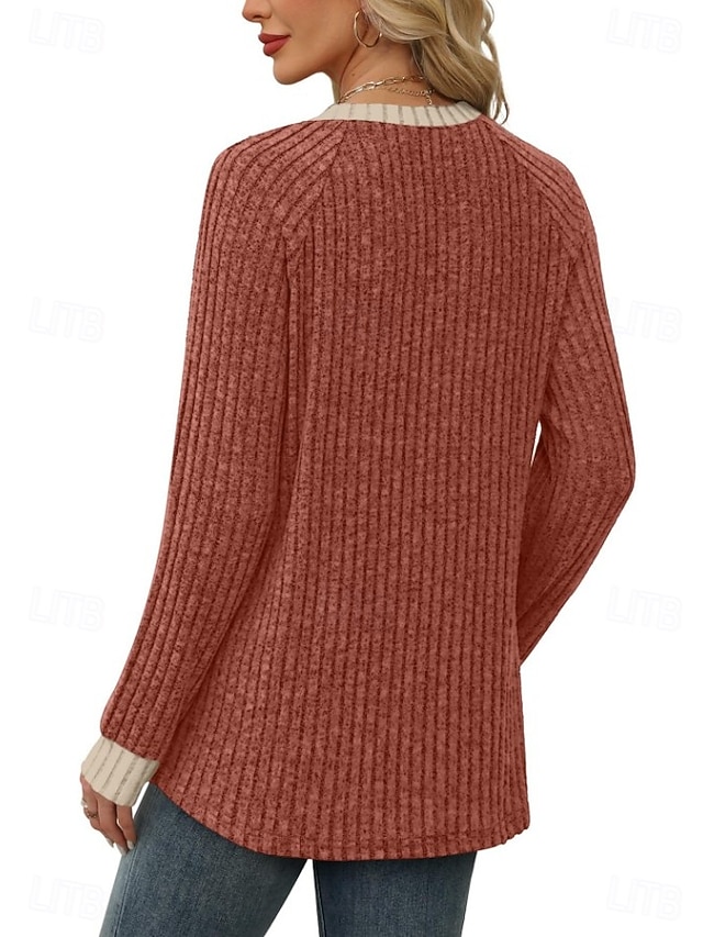 Women's Texture Blouse Textured Knit Tops Ribbed Knit Tops Elegant Vintage Ethnic Long Sleeve Crew Neck Long Tops Casual Daily Going out Rust Red Spring Fall Winter - Rust Red
