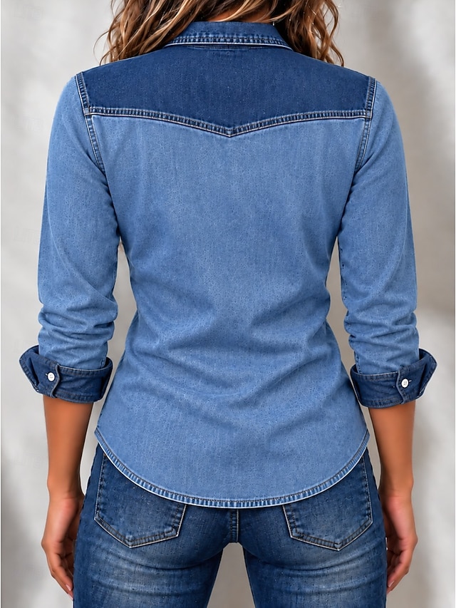 Women's Denim Blouse Denim Shirt Henley Shirt Patchwork Plain Vintage Fashion Stylish Long Sleeve Turndown Long Tops Casual Beach Blue Khaki Red Spring Fall Winter - Blue