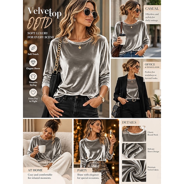 Women's T Shirt Velvet Tee Plain Daily Basic Vintage 3/4 Length Sleeve Crew Neck Regular Tops Casual Party Outfits Blue Watermelon Red Red Purple Green Spring Fall - Grey