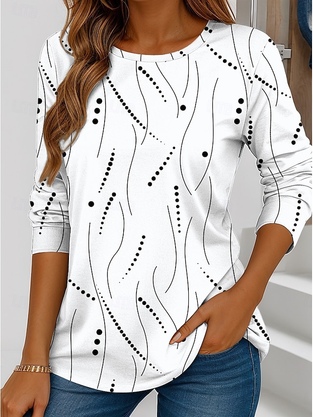 Women's T shirt Long Sleeve Crew Neck Long Sleeve Tunic Graphic Geometric Striped Vintage Stylish Regular Tops Daily Print White Blue Purple Orange Brown Fall Prefall - White