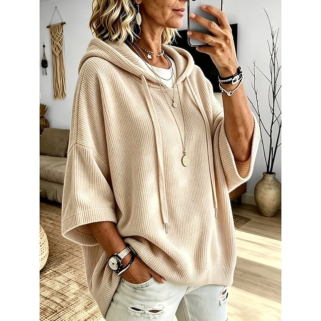 Women's Corduroy Tops Textured Warm Vintage Fashion 3/4 Length Sleeve Hooded Long Tops Casual Home Street Ash Light Purple Green Fall Winter - Light Purple