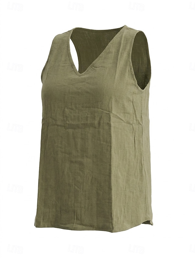 Women's Vintage Cozy 100% Cotton Sleeveless V Neck Regular Tank Top Black White Green Khaki Summer Spring - Green