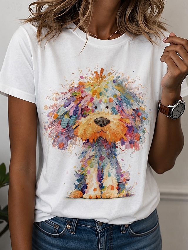 Women's T Shirt Print Graphic Animal Dog Stylish Classic Casual Short Sleeve Crew Neck Regular Tops Casual Daily Blue Yellow Rainbow Summer Spring - Yellow