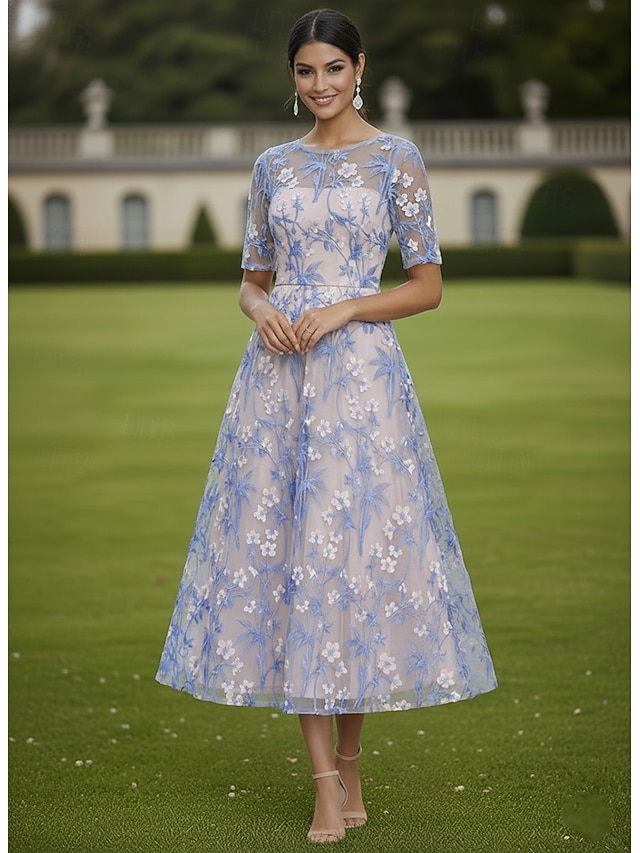 A-Line Dress Tea Length Lace Dress Cocktail Dress Mother of the Bride Dress Short Sleeve Half Sleeve Boat Neck Elegant Vintage Luxurious Wedding Guest Semi Formal Lace with Embroidery Flower - Pink