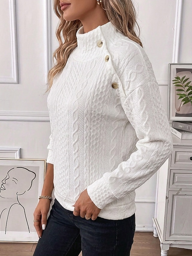 Women's Textured Pullover Sweatshirt Patchwork Buttons Casual Long Sleeve High Neck Regular Tops Home White Black Pink Violet Fall Winter - White