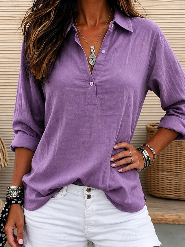 Women's Linen-feel Shirts Blouse Faux Linen Shirt Buttons Solid Color Stylish Casual 3/4 Length Sleeve V Neck Regular Tops Daily White Light Green Pink Purple Summer Spring Fall - Purple