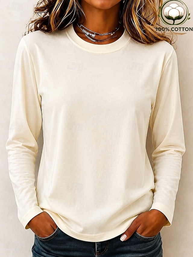 Women's 100% Cotton T-Shirts - Quality Heavy Long Sleeve Crew Neck Tee - Beige